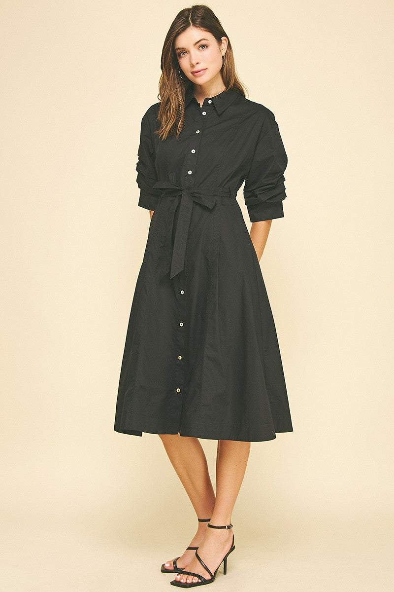 alicia midi dress BUTTON DOWN MIDI DRESS WITH TUCKED SLEEVE INK G / Large