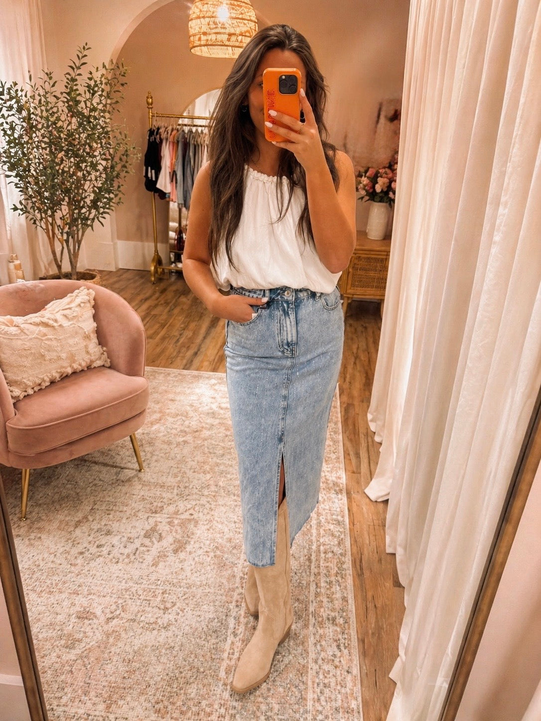 Dolly Rhinestone Denim Midi Skirt