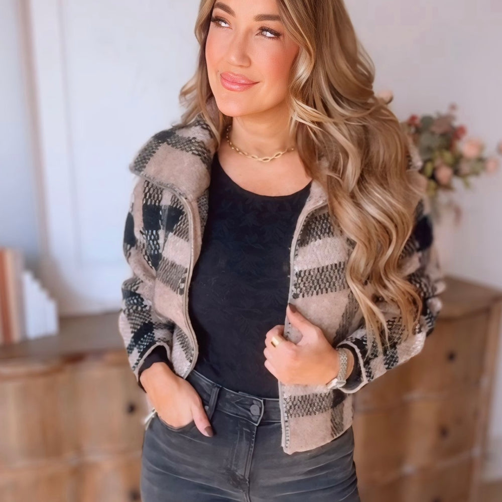 Plaid Zipper Front Cardigan