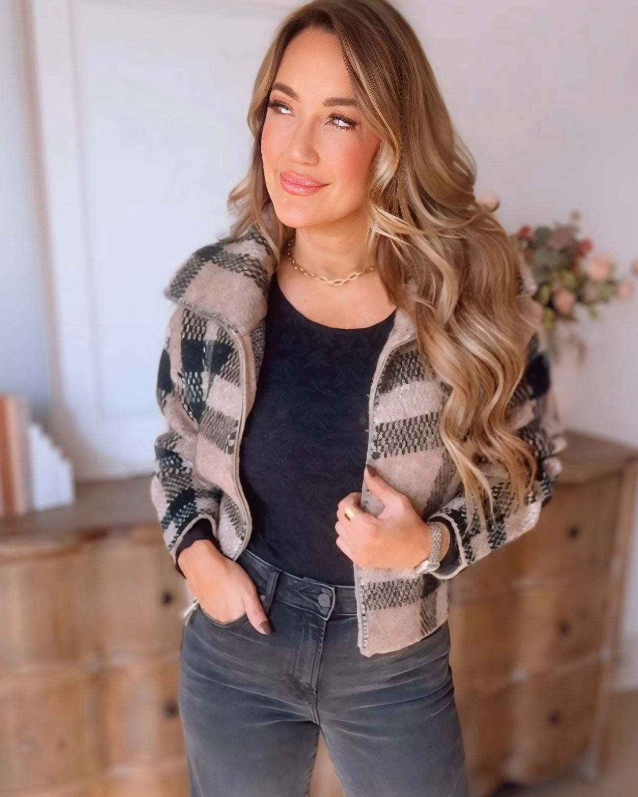 Plaid Zipper Front Cardigan