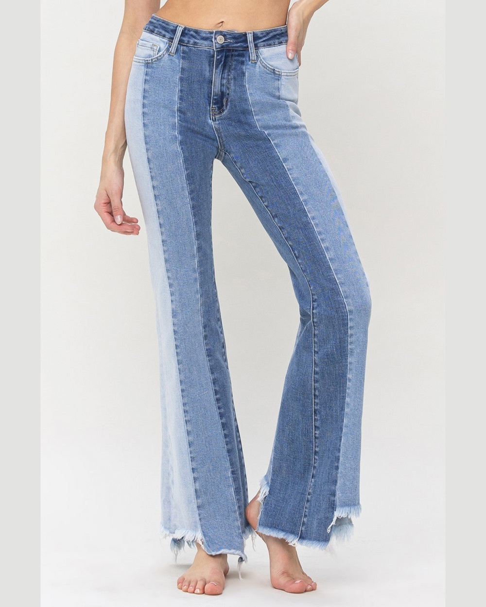 High Rise Colorblock Denim Flare Jeans