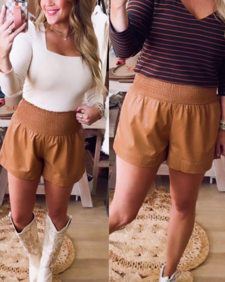 Camel Faux Leather Smocked Shorts