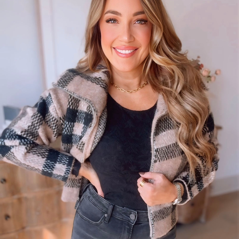 Plaid Zipper Front Cardigan