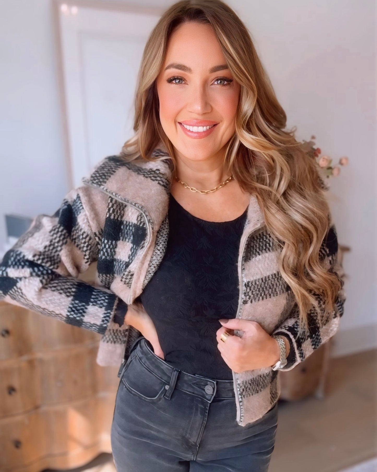 Plaid Zipper Front Cardigan