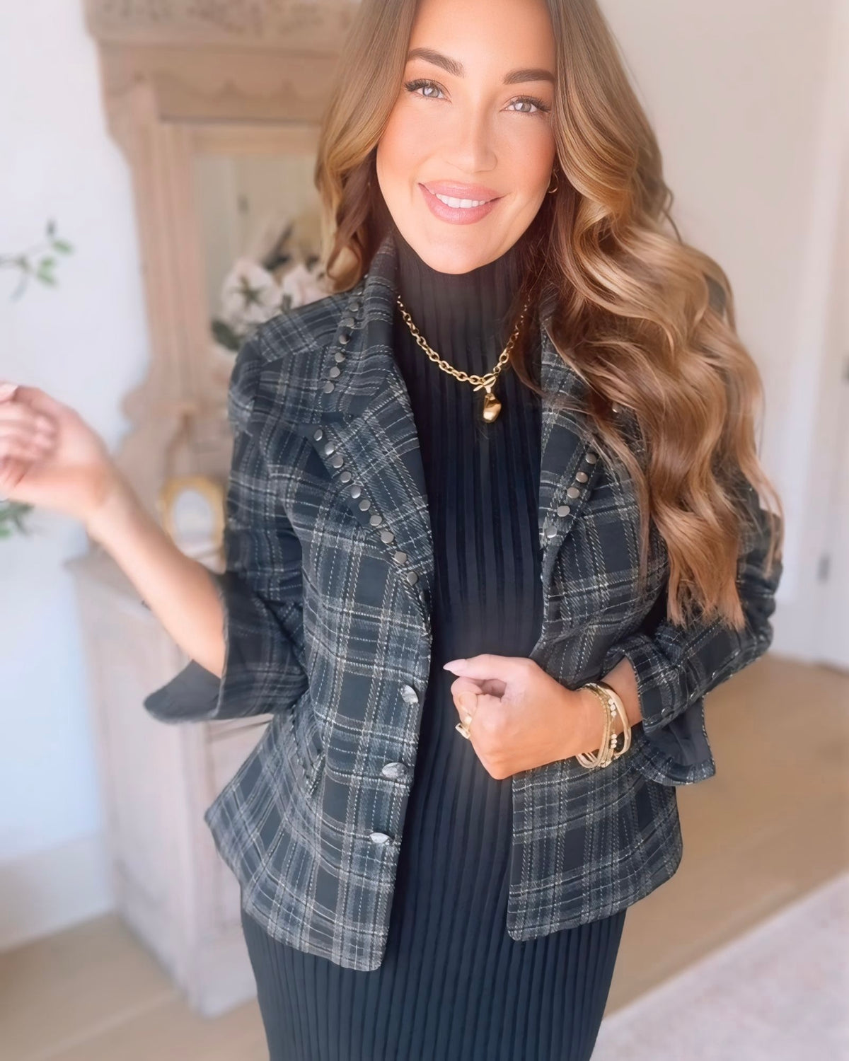LUX-Felix Plaid Studded Jacket