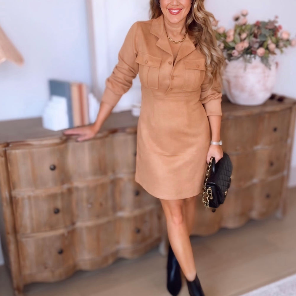 Roya Long Sleeve Suede Dress