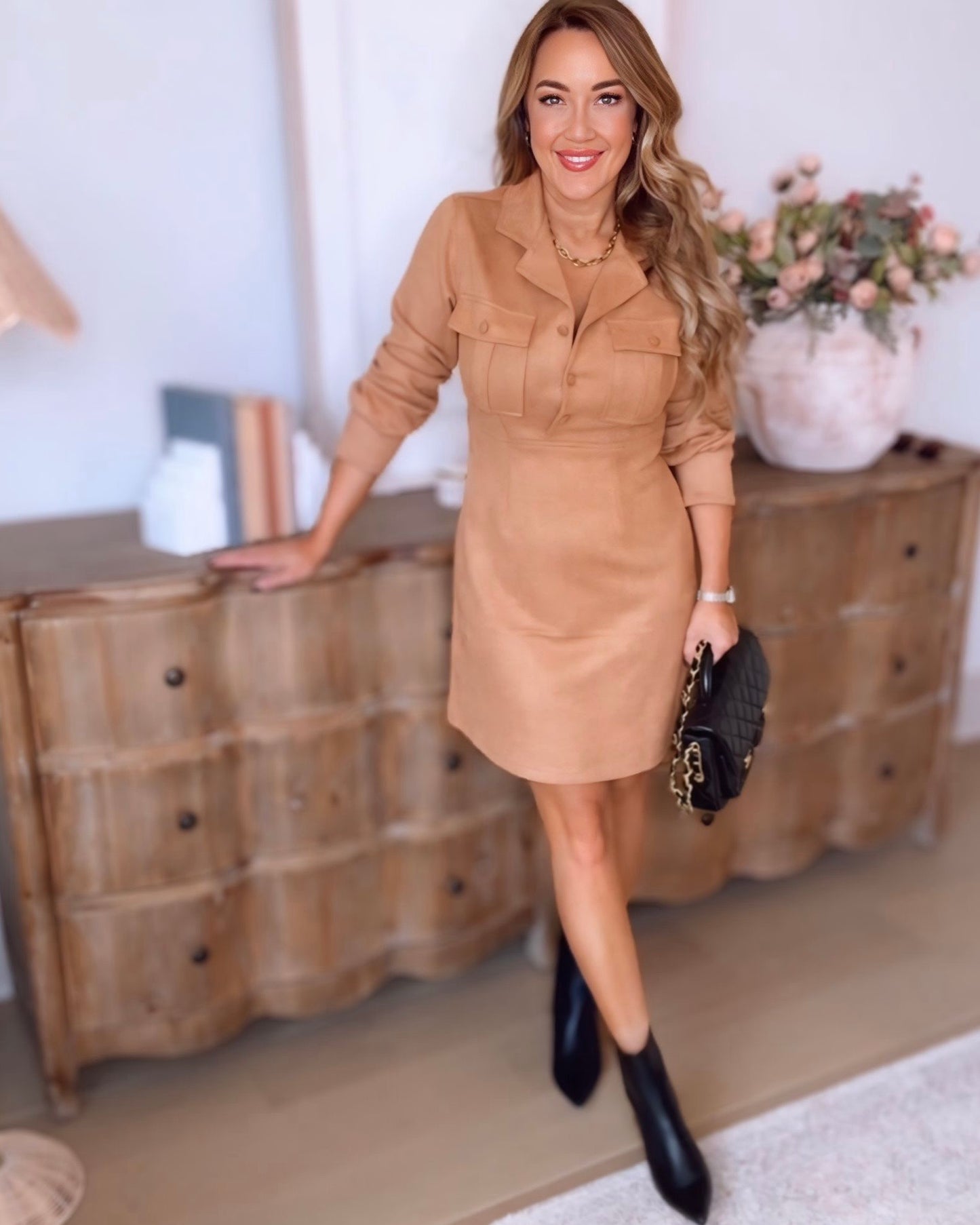 Roya Long Sleeve Suede Dress