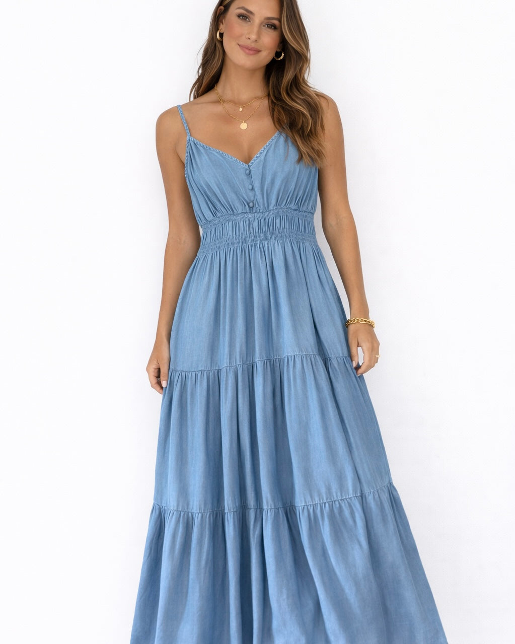 Ingrid Chambray Tiered Midi Dress