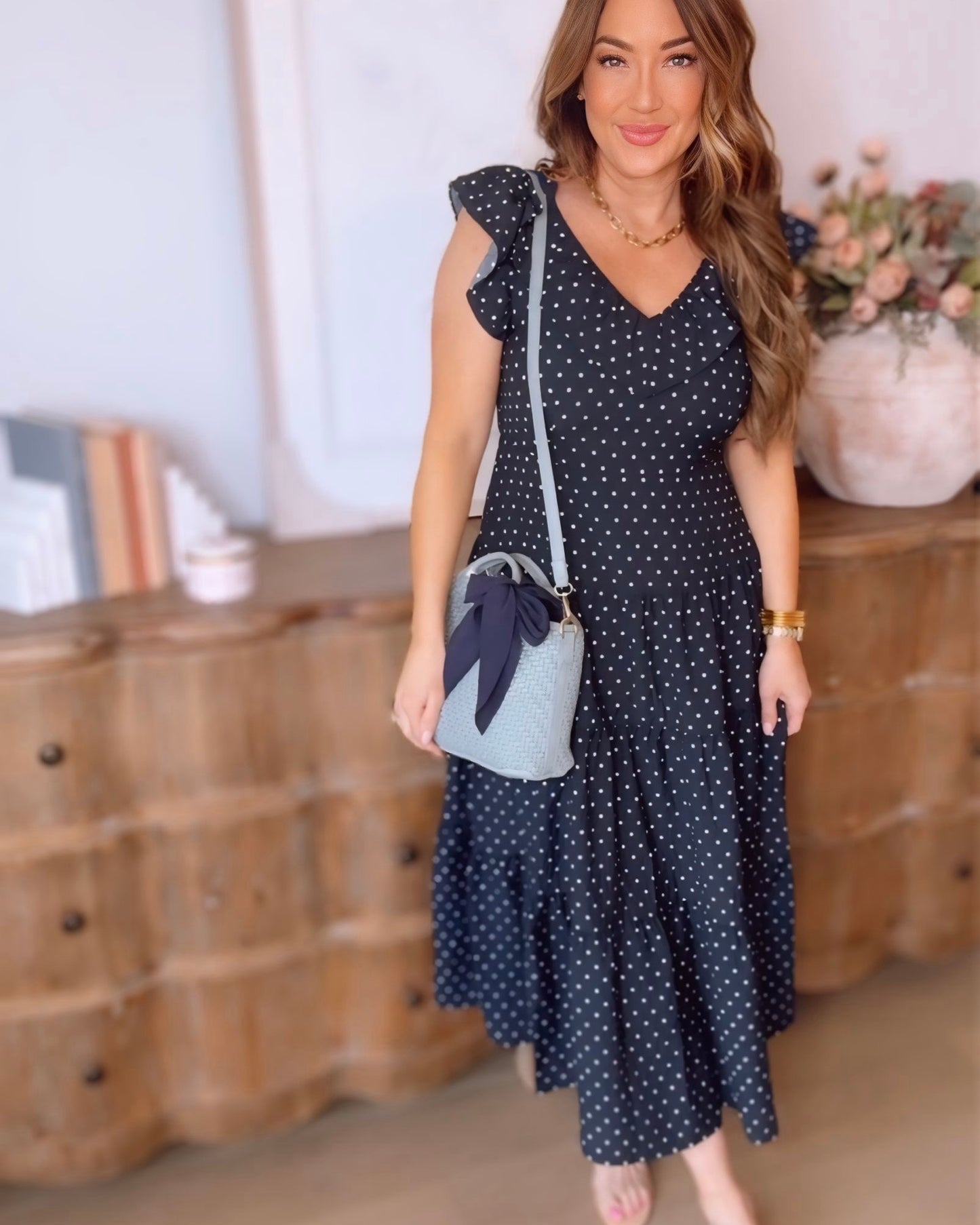 Blake Flutter Sleeve Polka Dot Midi Dress