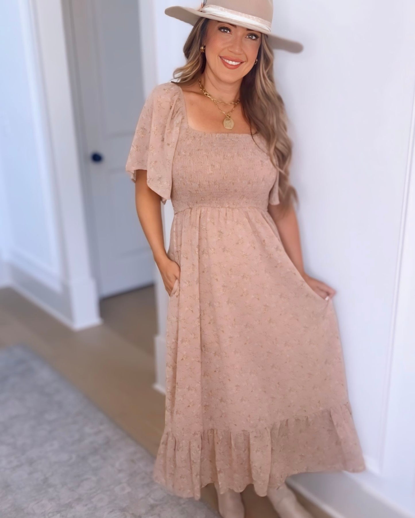 Alessa Square Neck Smocked Midi Dress