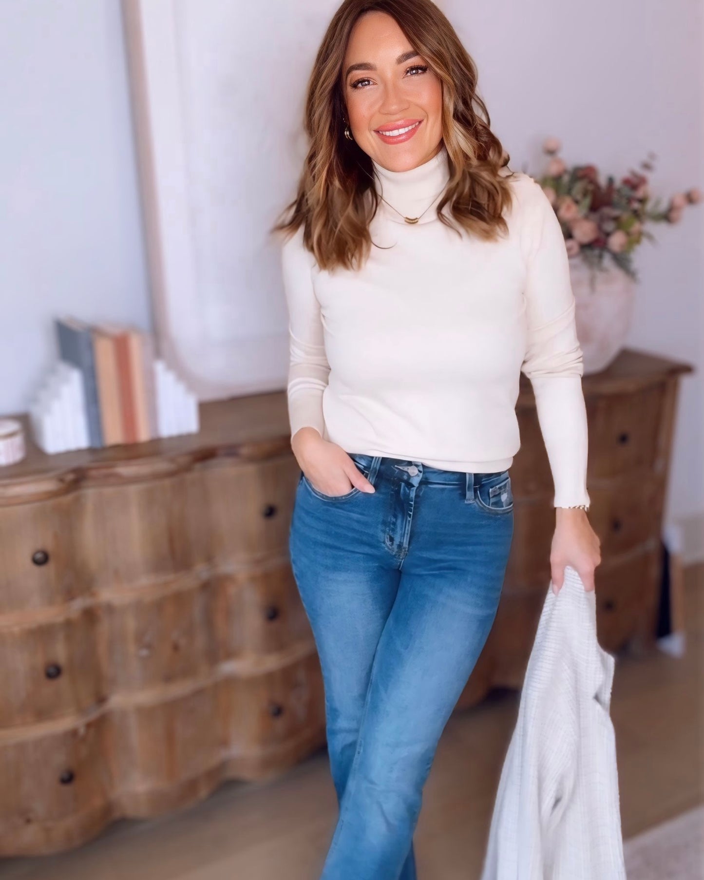 Via Turtleneck Button Detail Sweater