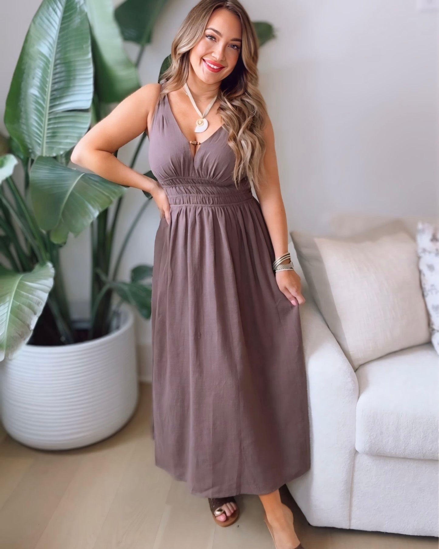 Saige Smocked Waist Beaded Detail Dress