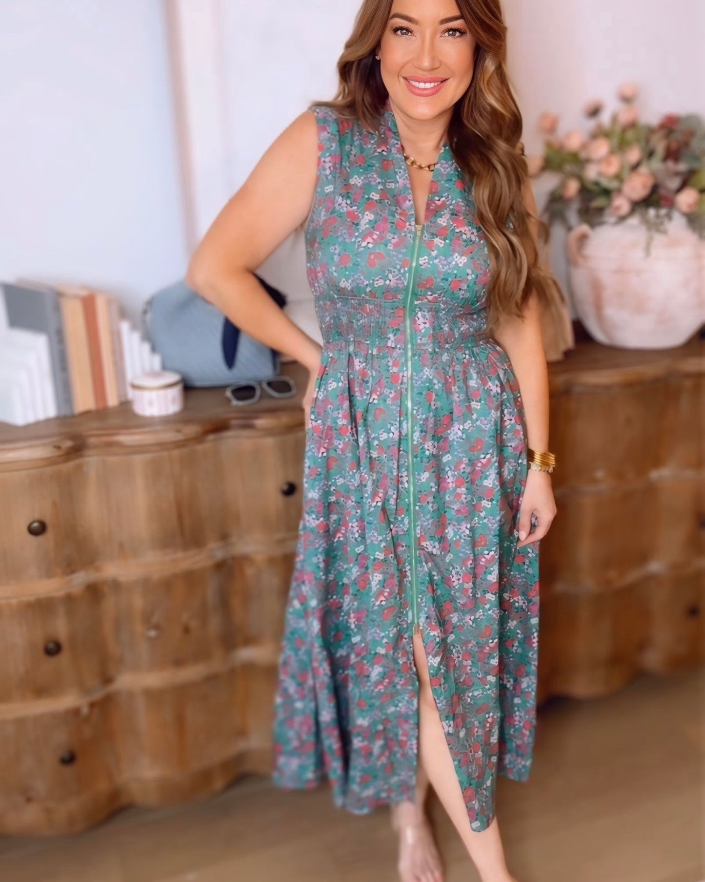 Dayana Floral Smocked Zip Up Maxi Dress- 2 Colors