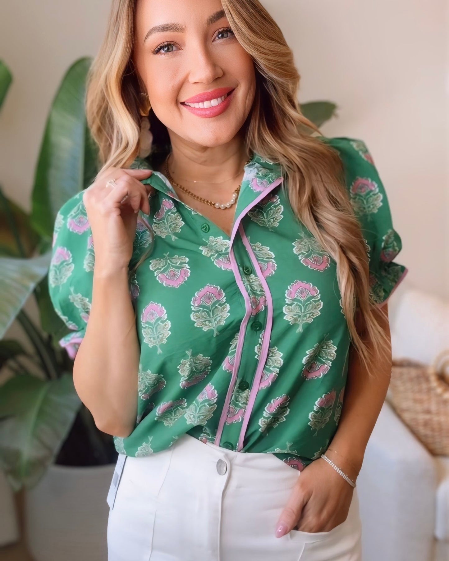 Madeline Floral Ruffle Neck Puff Sleeve Top