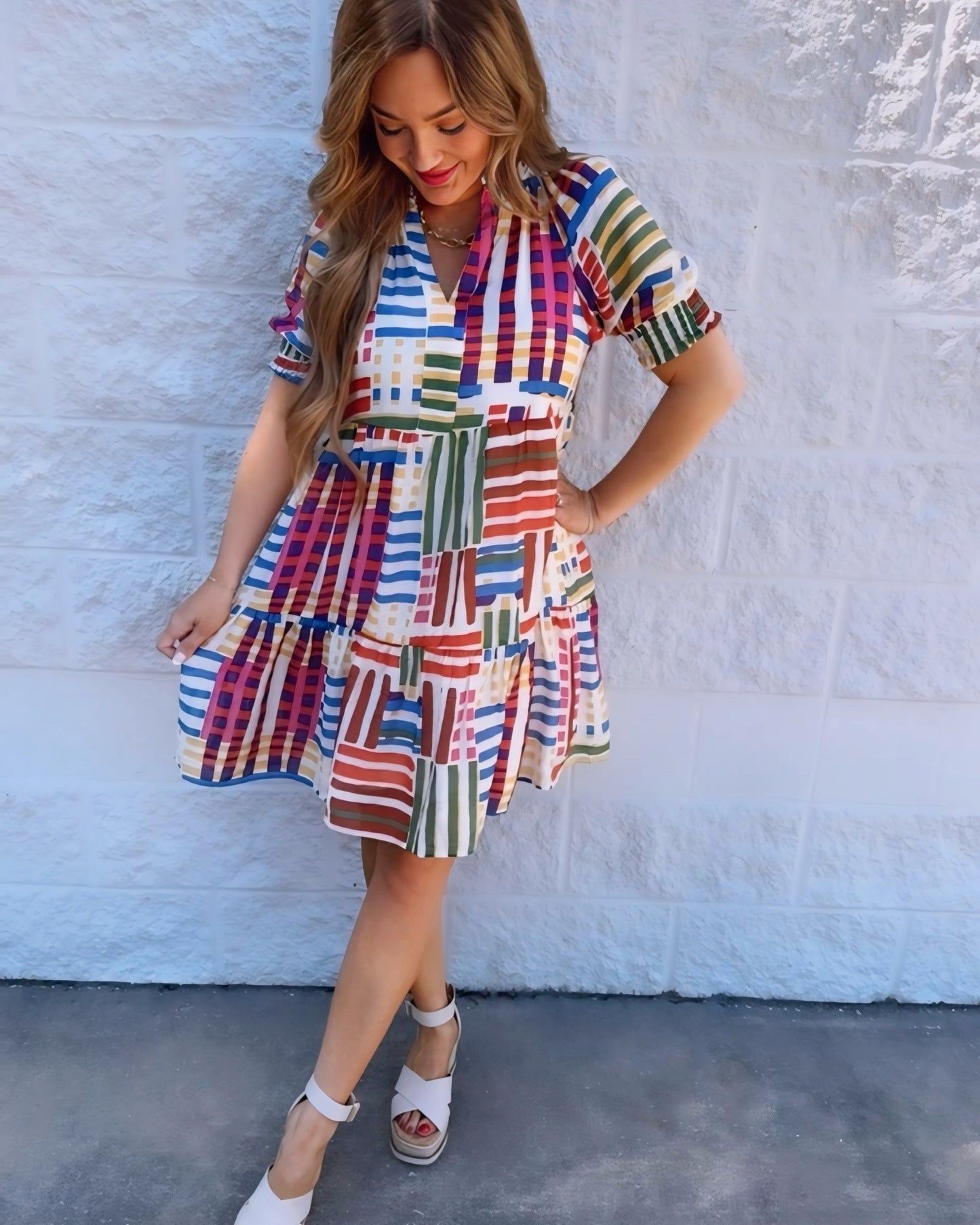 Catalina Island Abstract V-Neck Tiered Dress