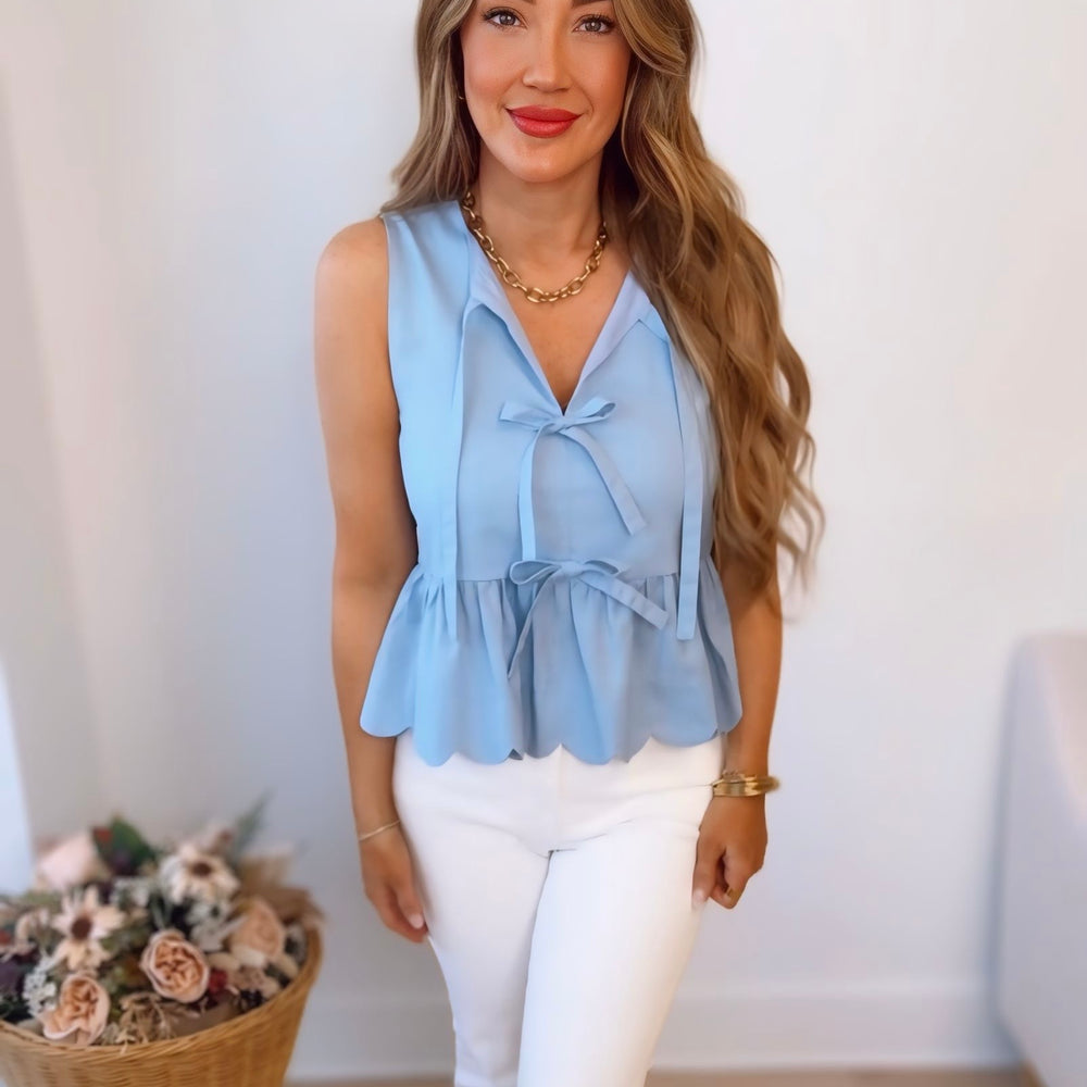 All My Ways Scalloped Tie Peplum Top