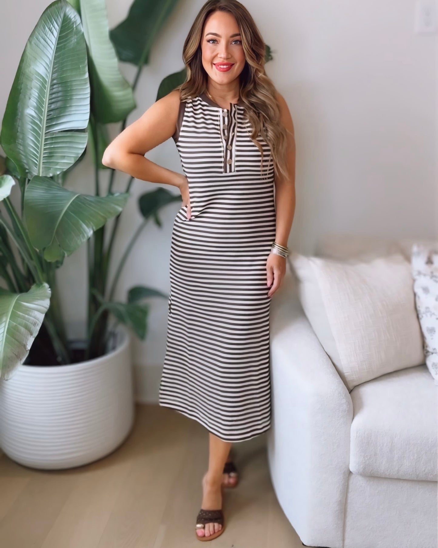 Nora Stripe Henley Tank Knit Midi Dress