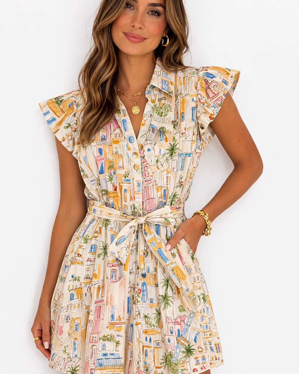 Summers In Greece Flutter Sleeve Dress