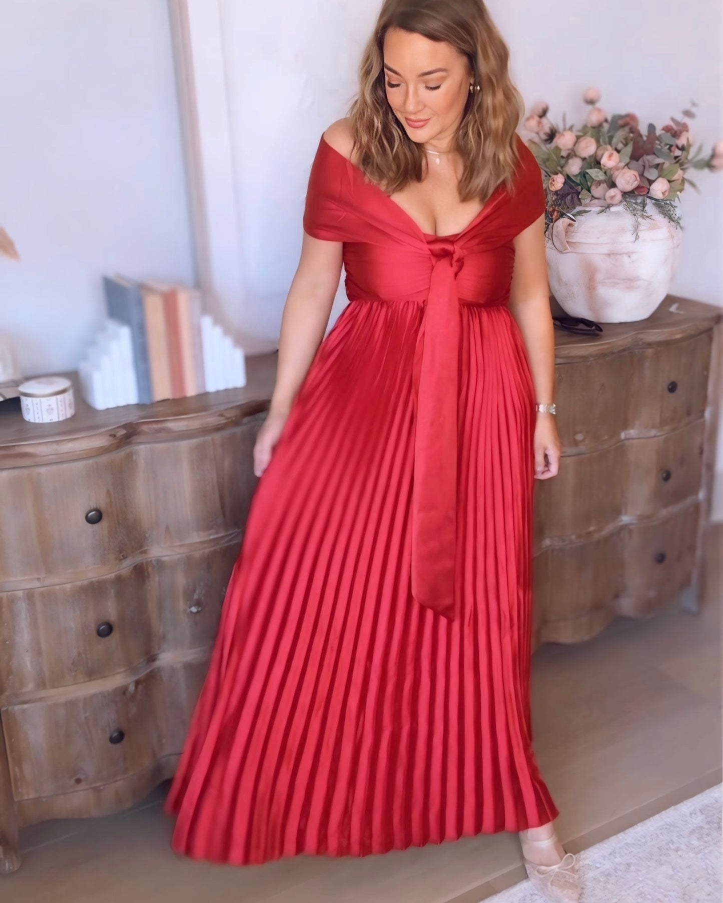 Astrid Pleated Maxi Dress W/ Scarf