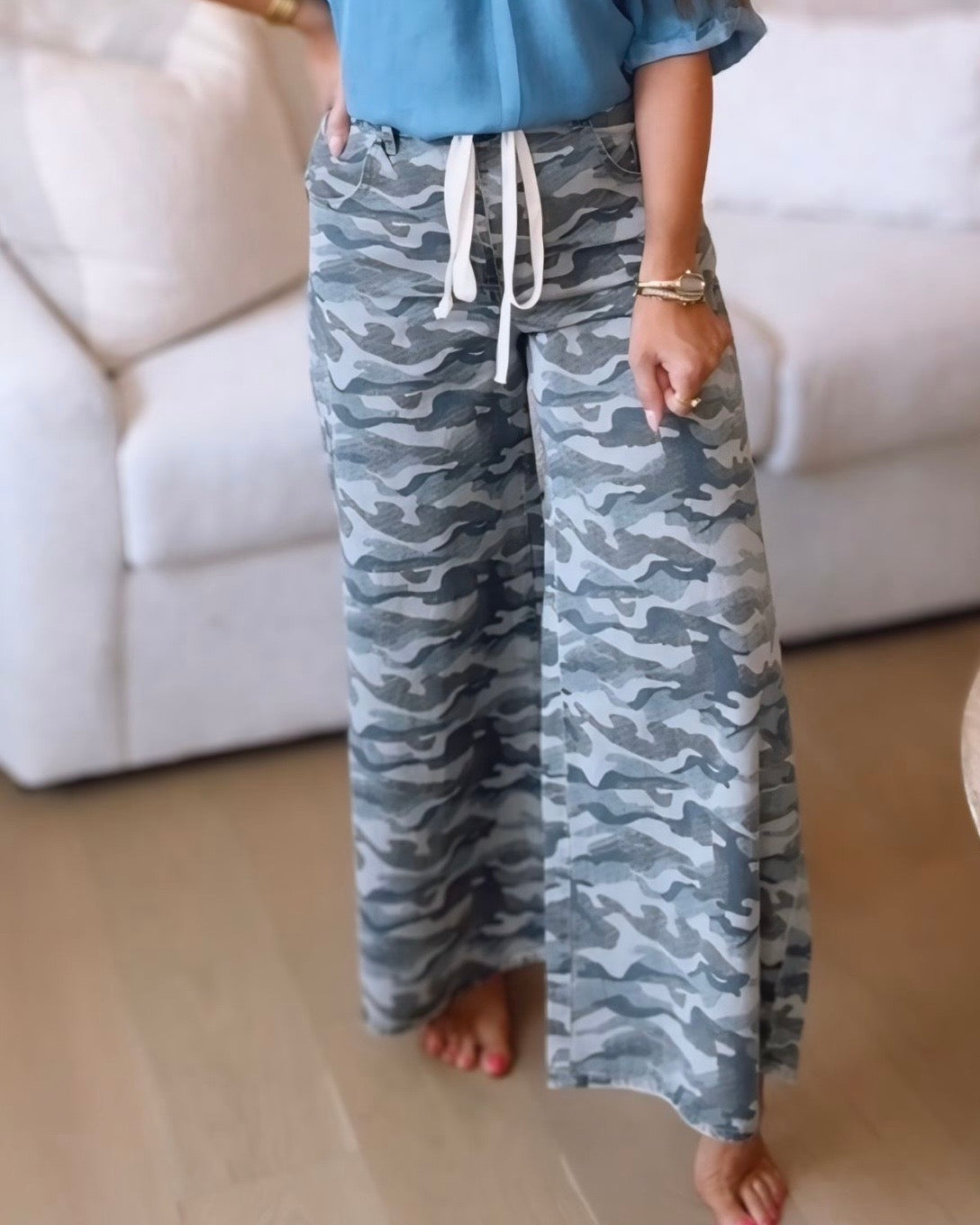 Moxie Camo Print Wide Leg Tie Waist Jeans