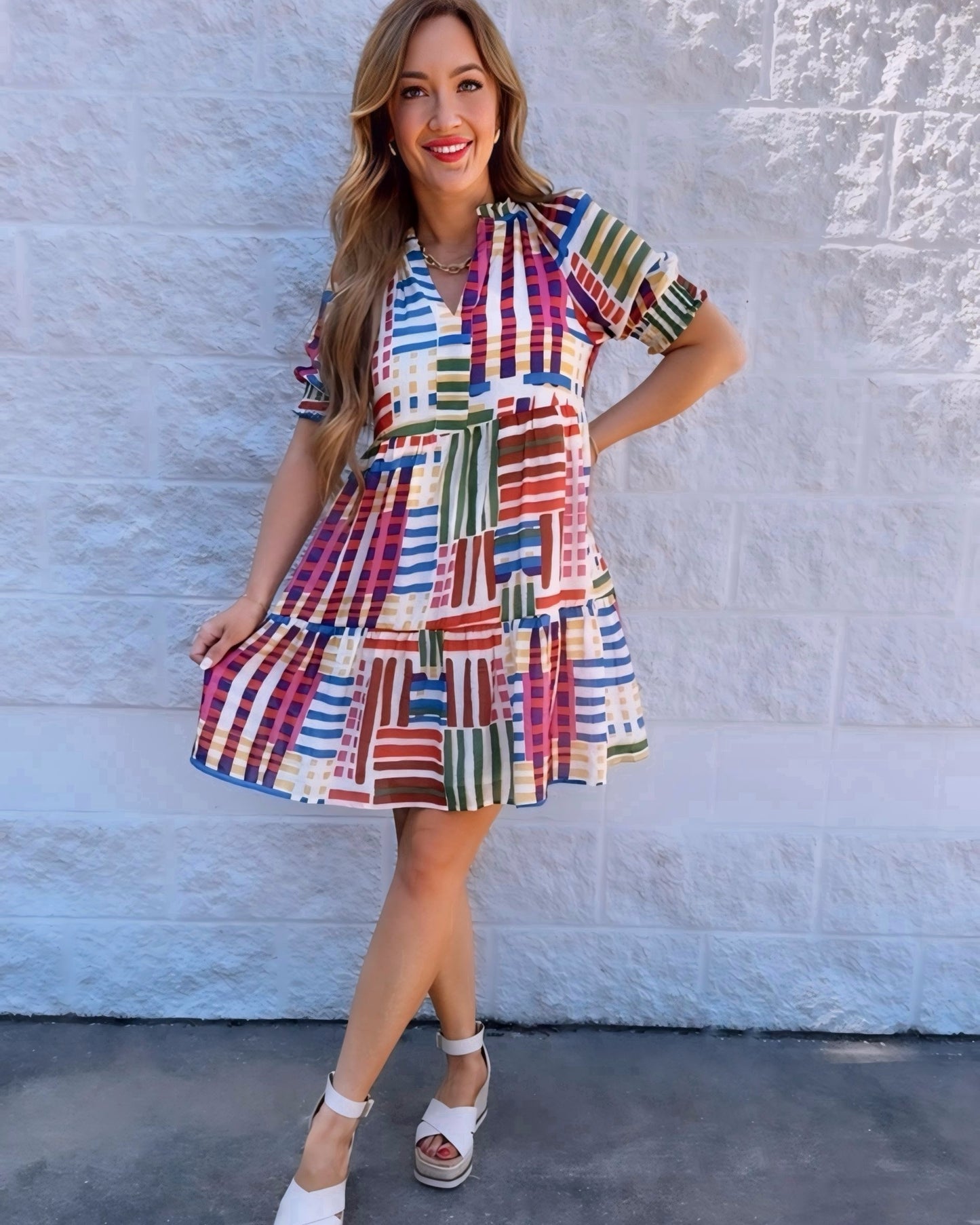 Catalina Island Abstract V-Neck Tiered Dress