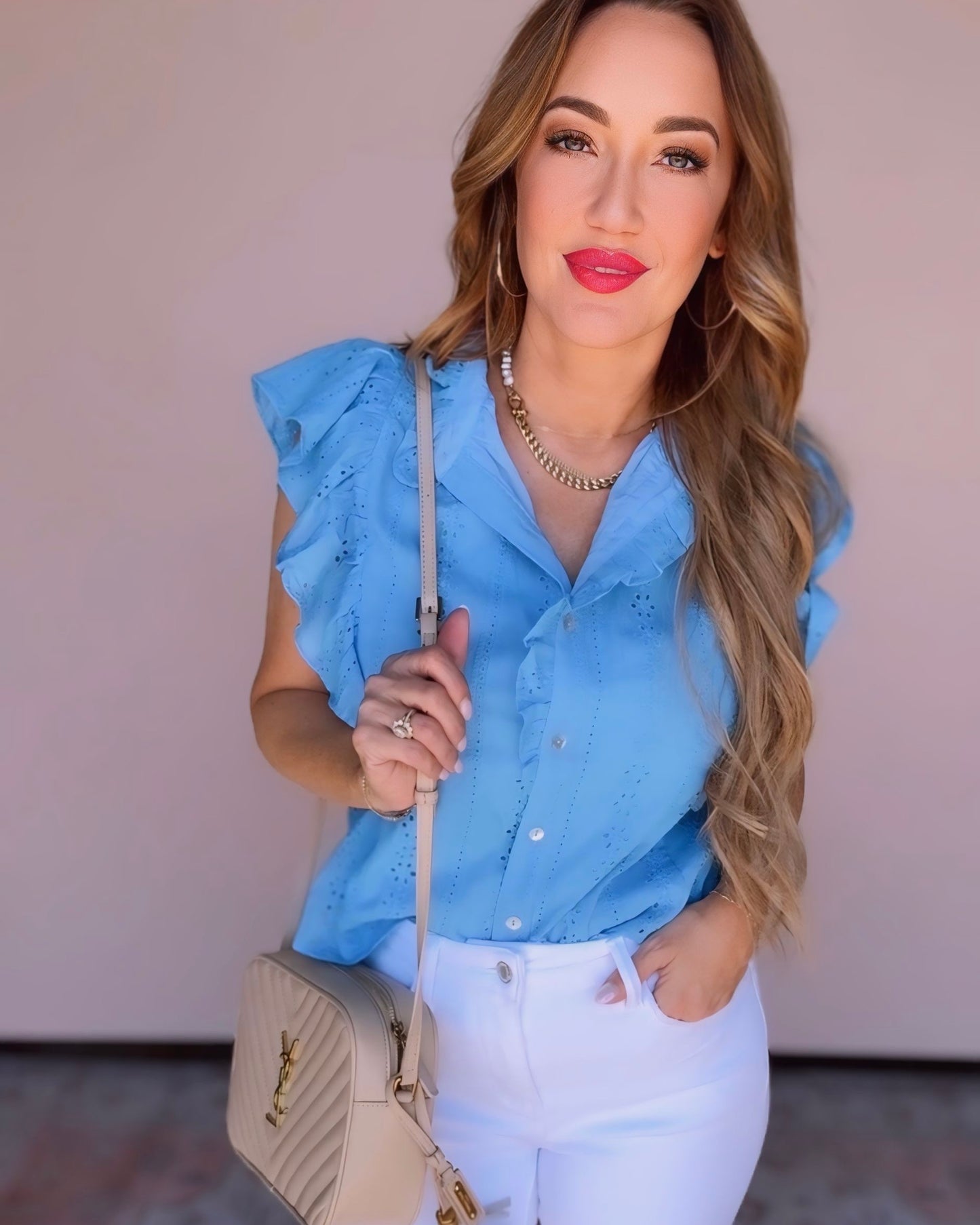 Picnic Date Blue Eyelet Button Down Top