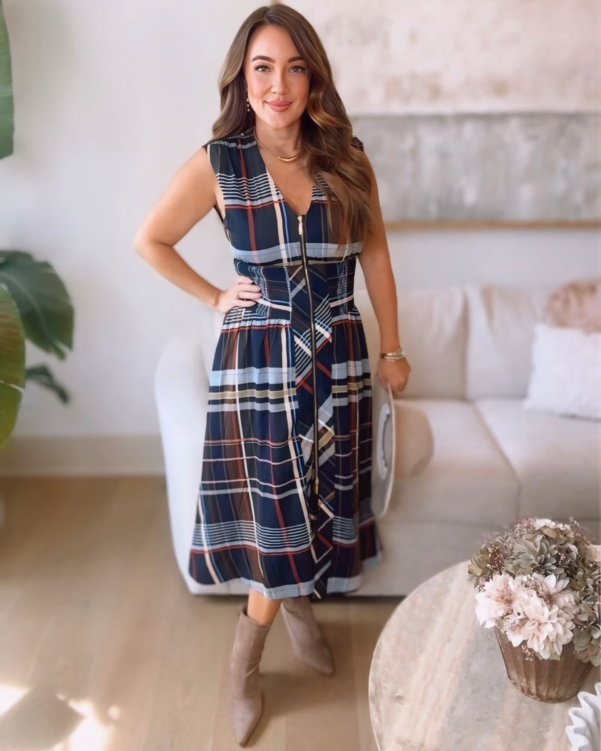 Cheryl Plaid Zip Front Midi Dress