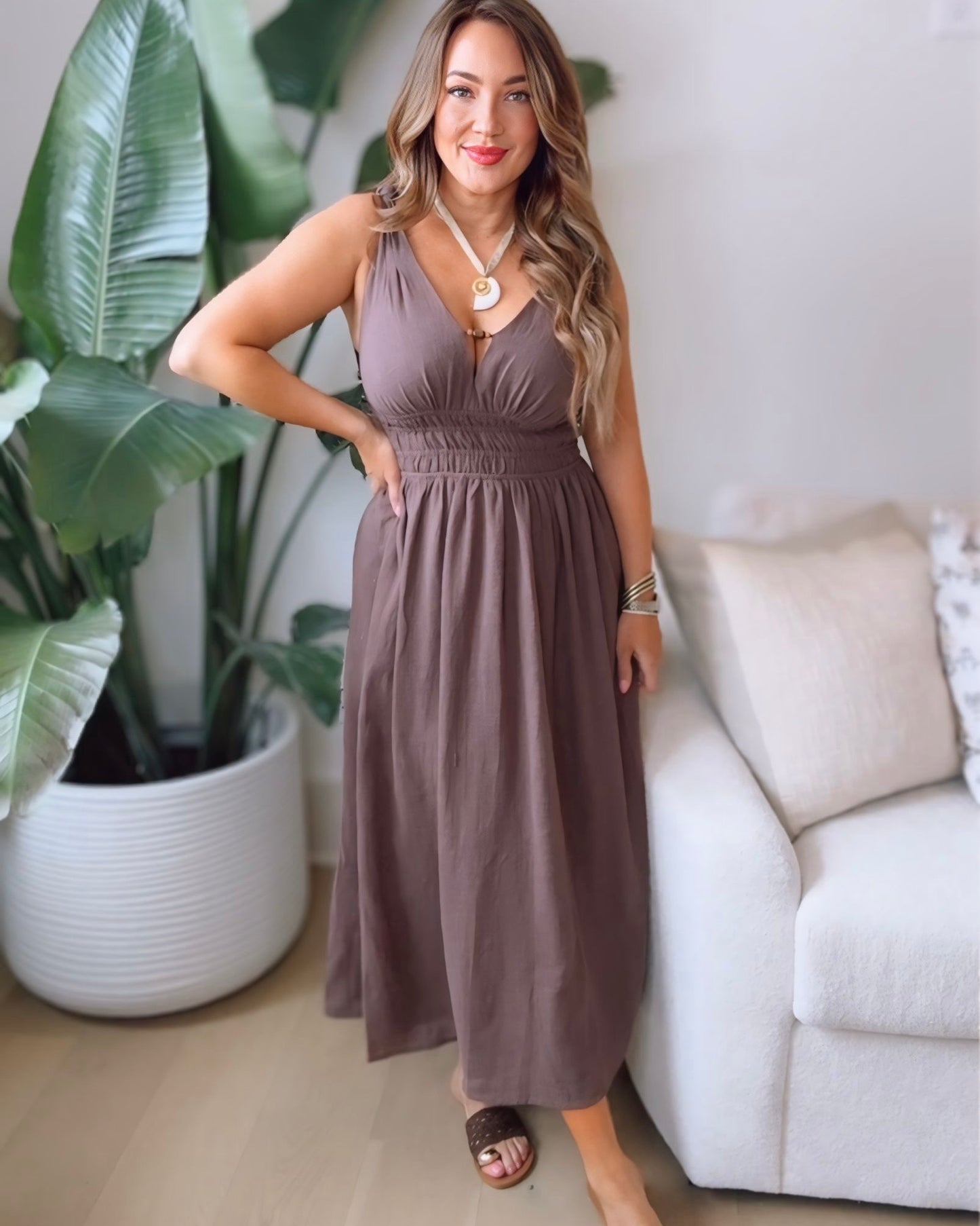 Saige Smocked Waist Beaded Detail Dress