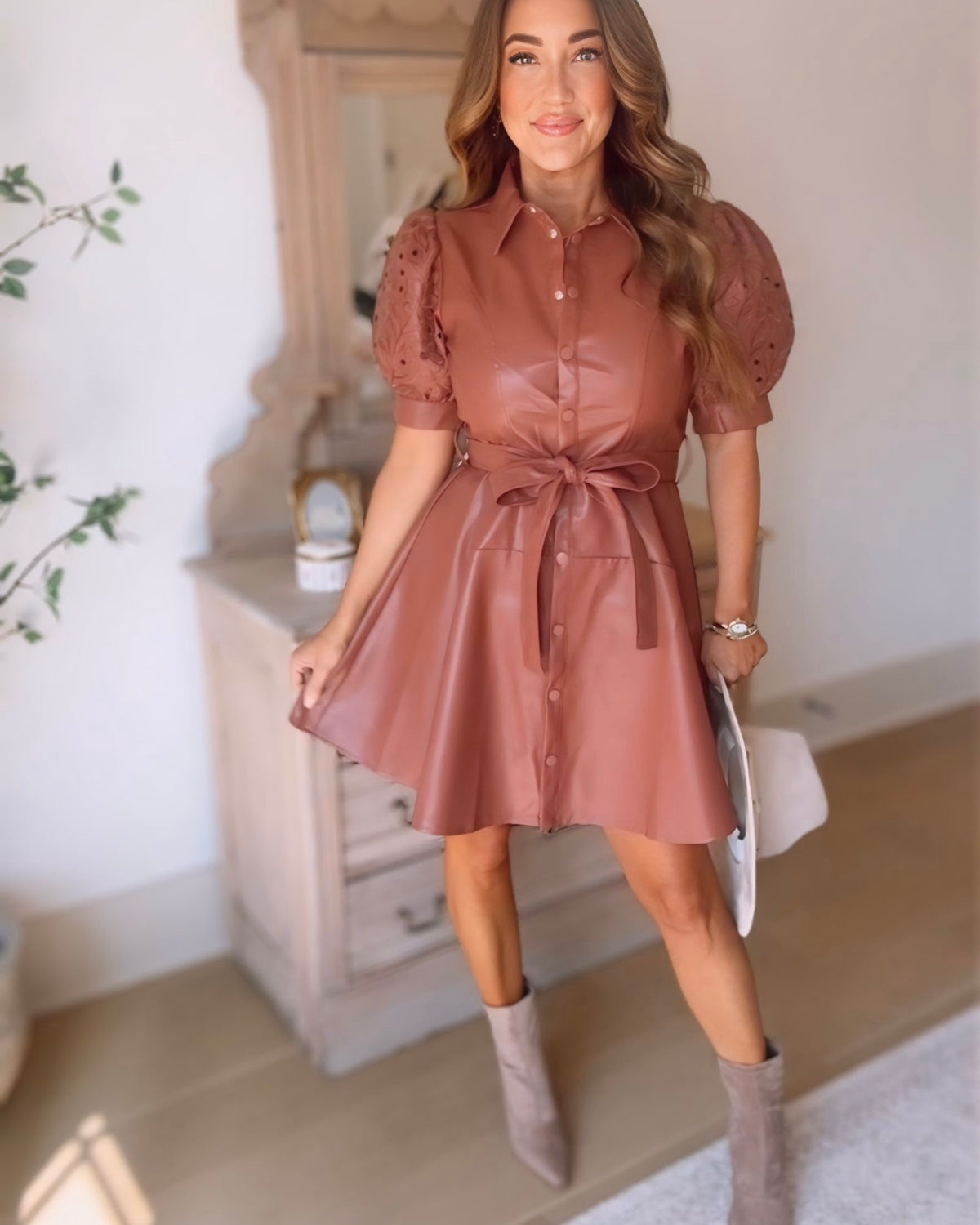 Lenora Vegan Leather Puff Sleeve Dress