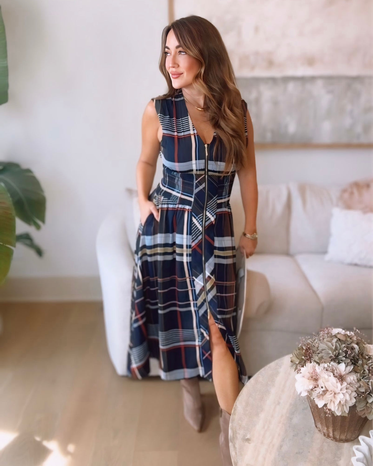 Cheryl Plaid Zip Front Midi Dress