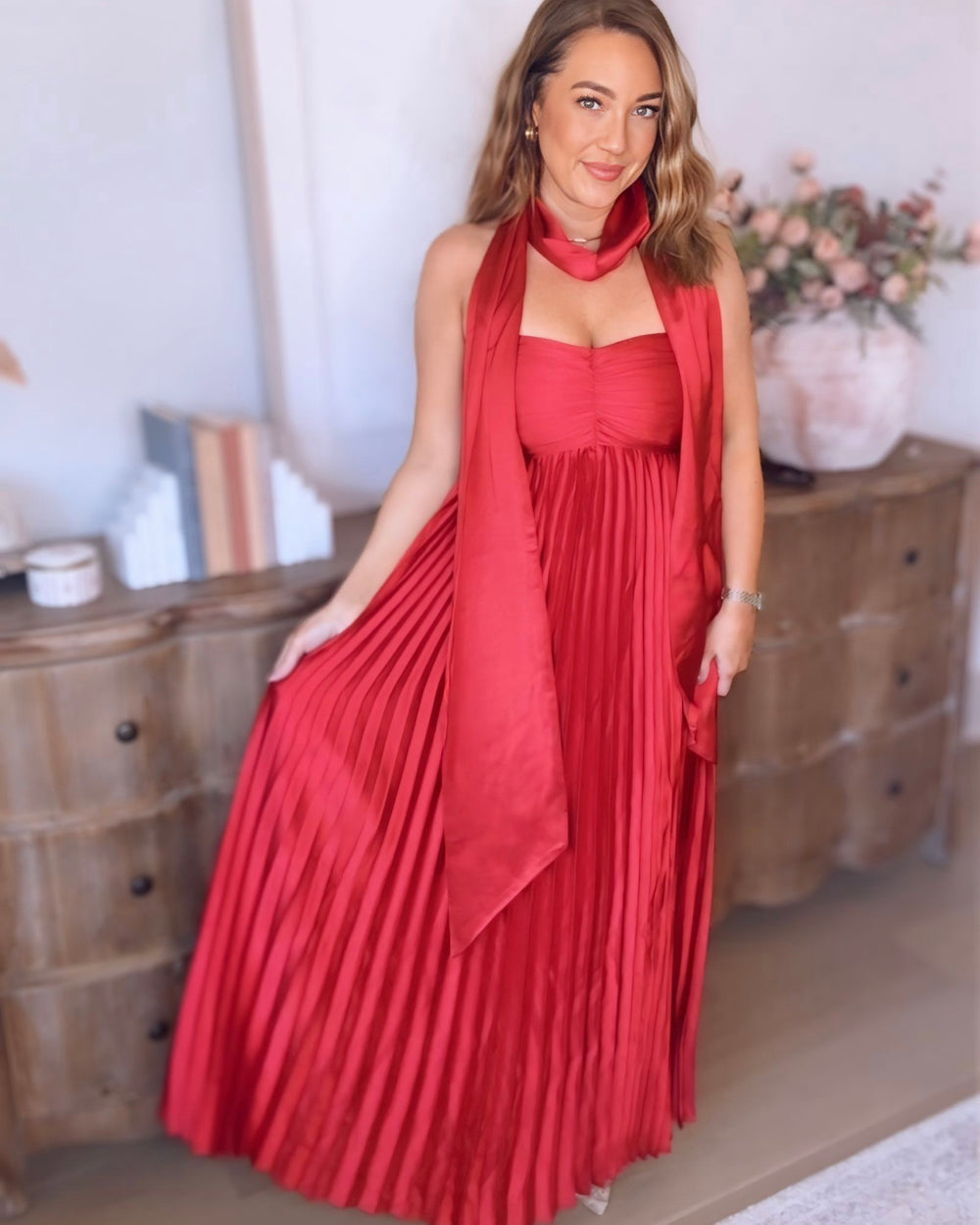 astrid maxi dress Astrid Pleated Maxi Dress W/ Scarf Large