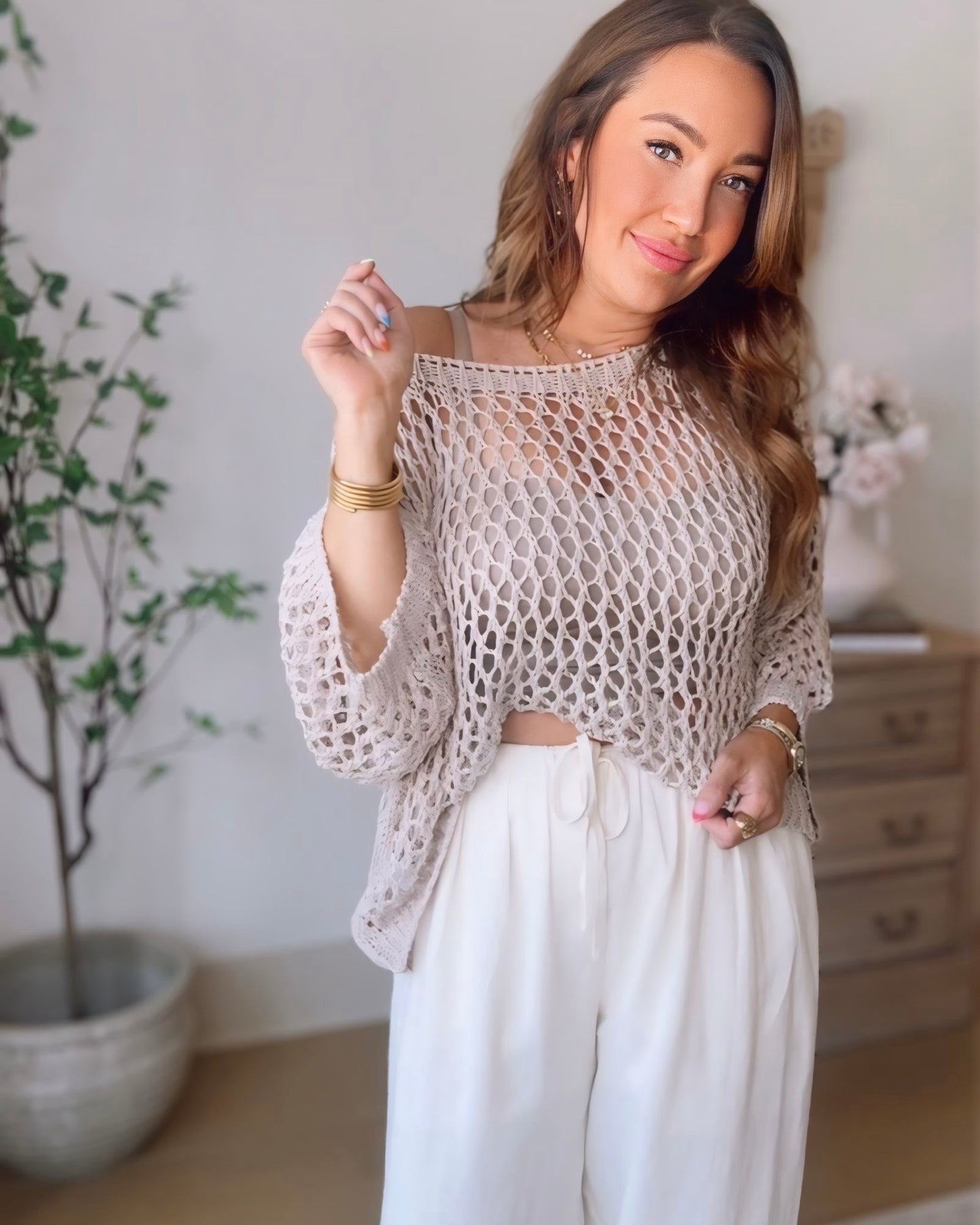 Taupe Crochet Open Knit Sweater