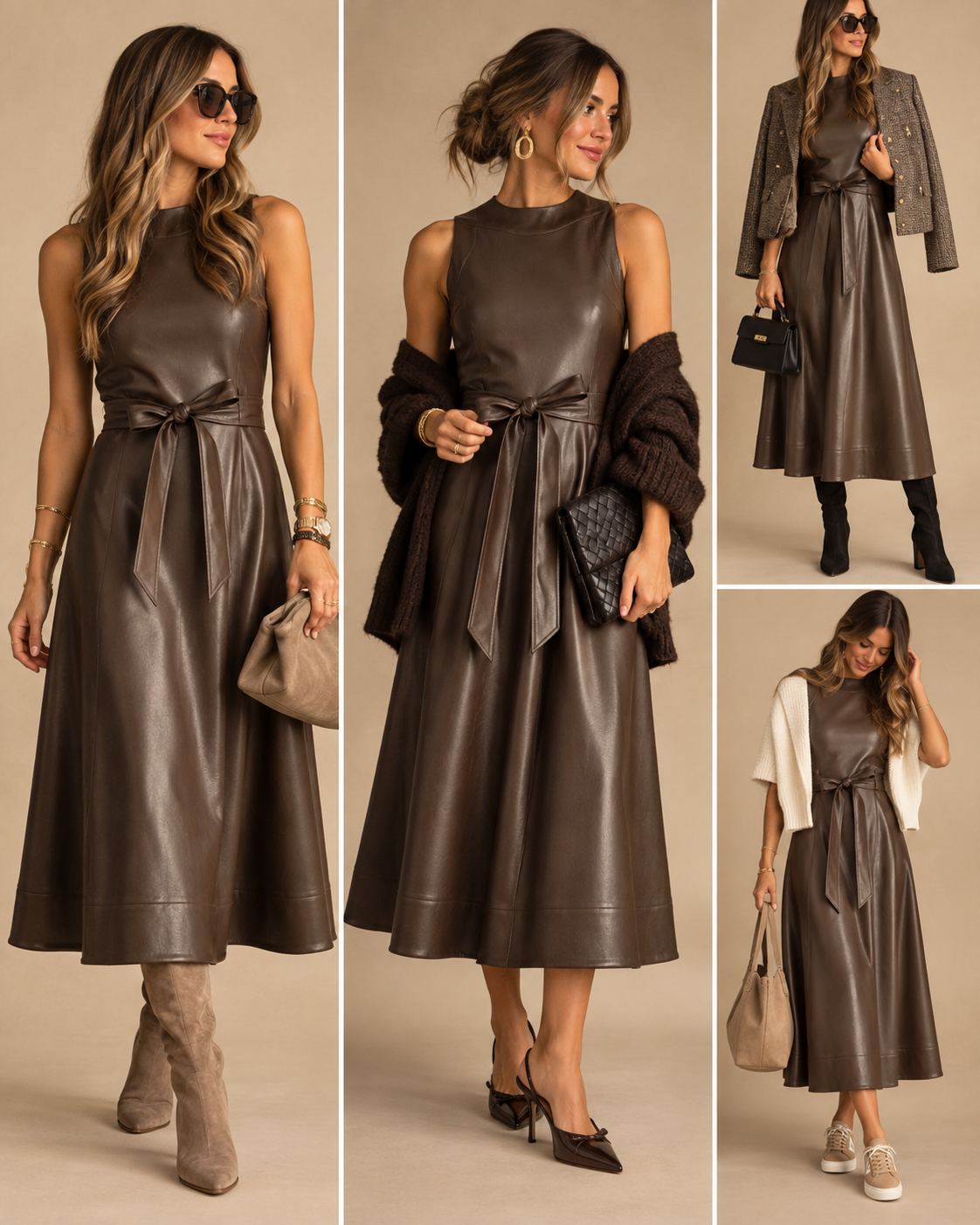 Margot Mocha Vegan Leather Belt Dress