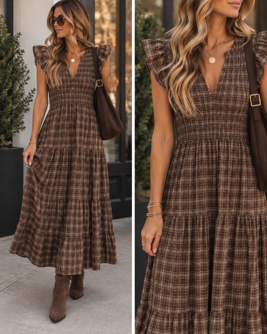Plaid Smocked Midi Dress