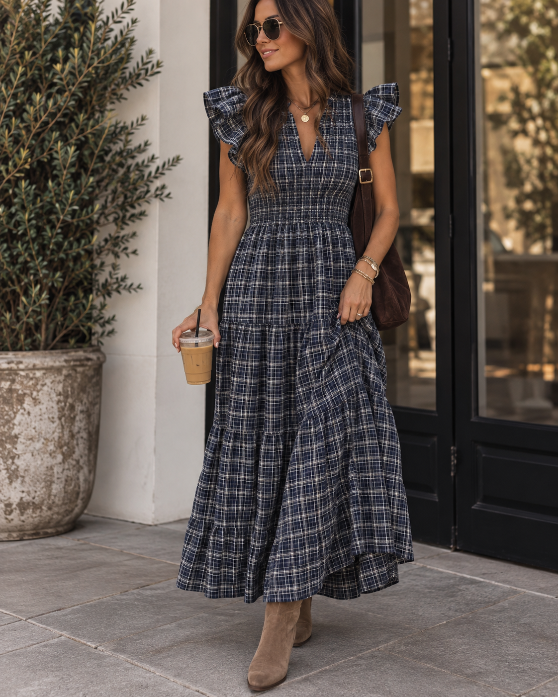 Plaid Smocked Midi Dress