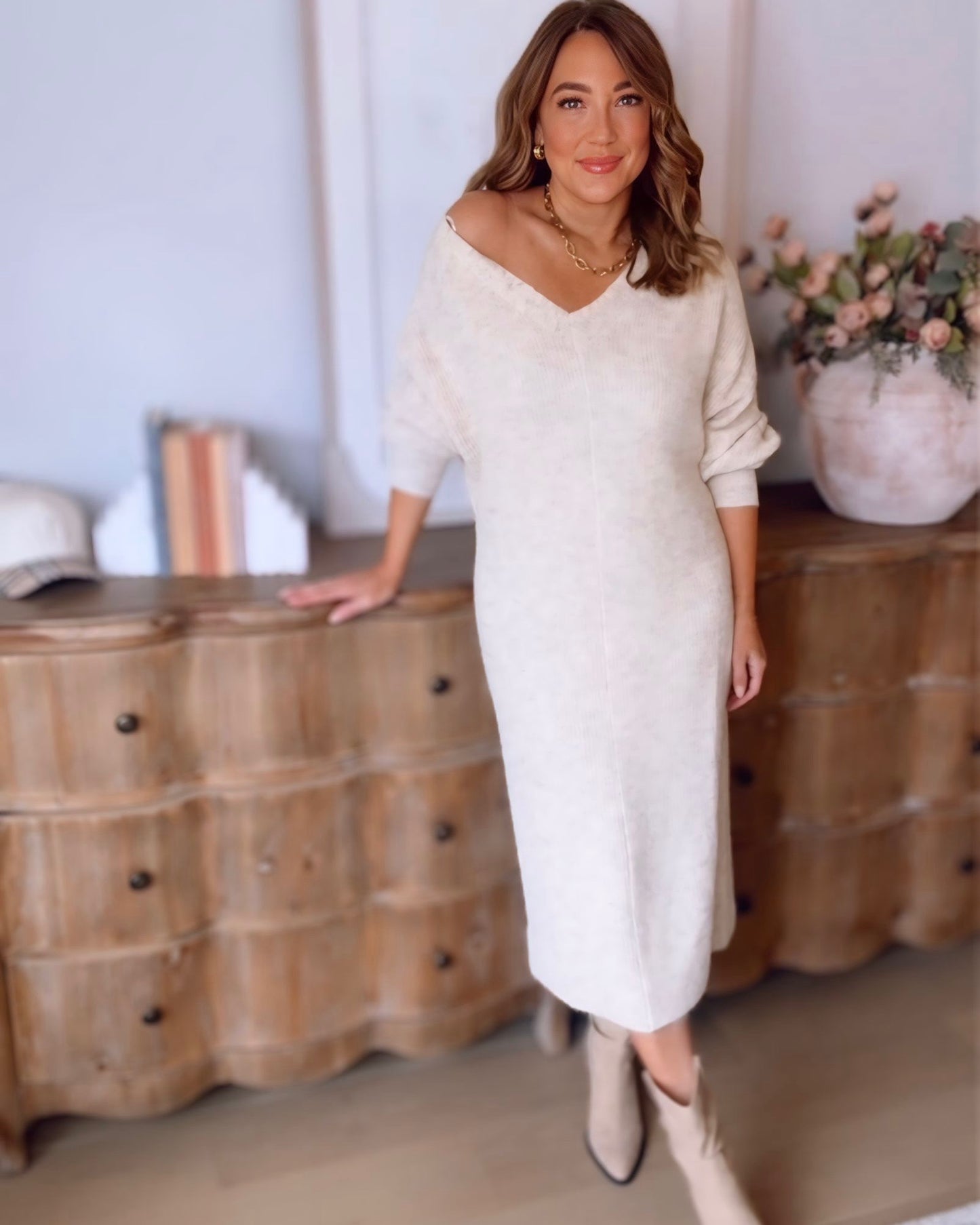 Evanna Cozy V-Neck Maxi Sweater Dress