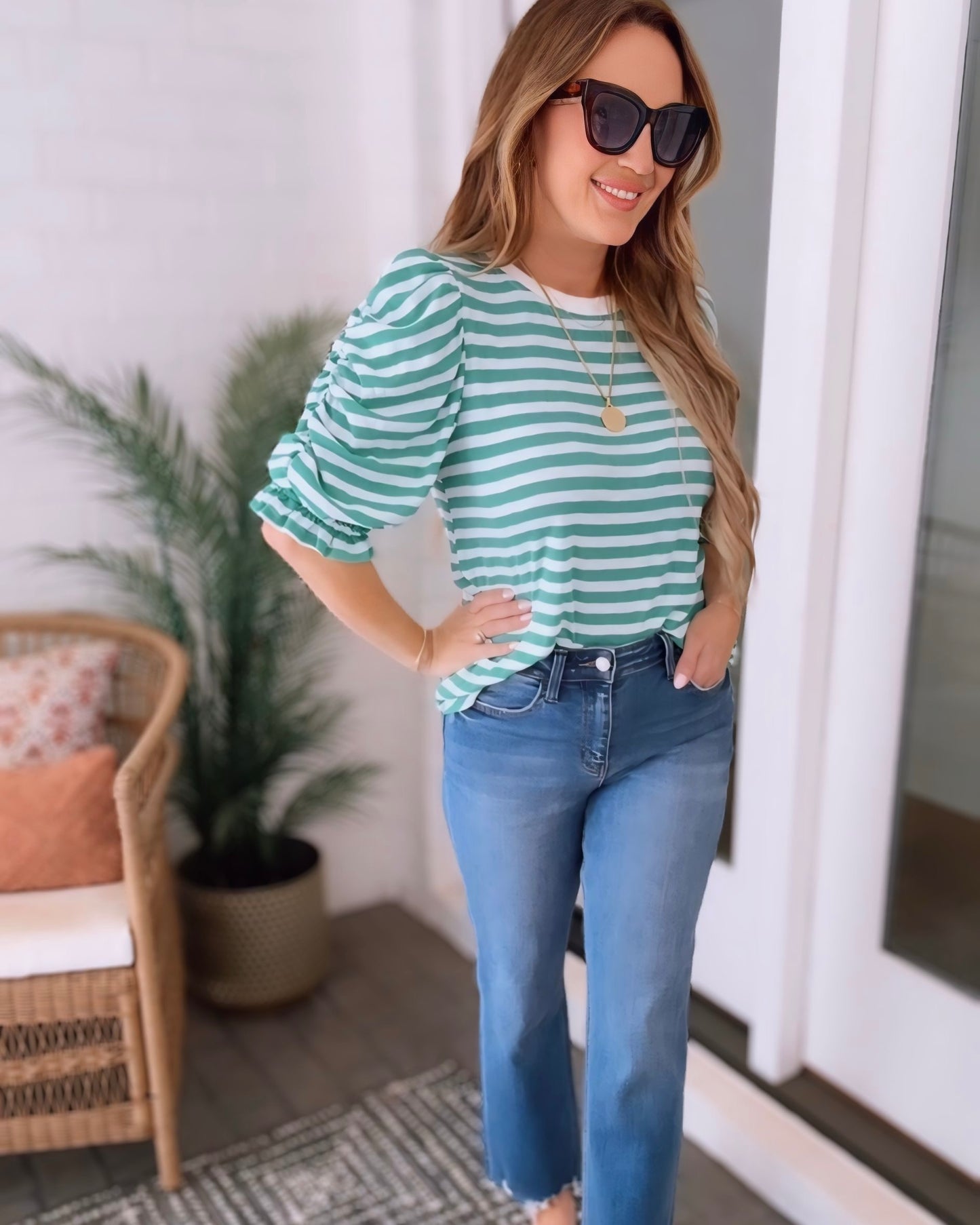 Free And True Ruched Puff Sleeve Striped Top - 2 COLORS