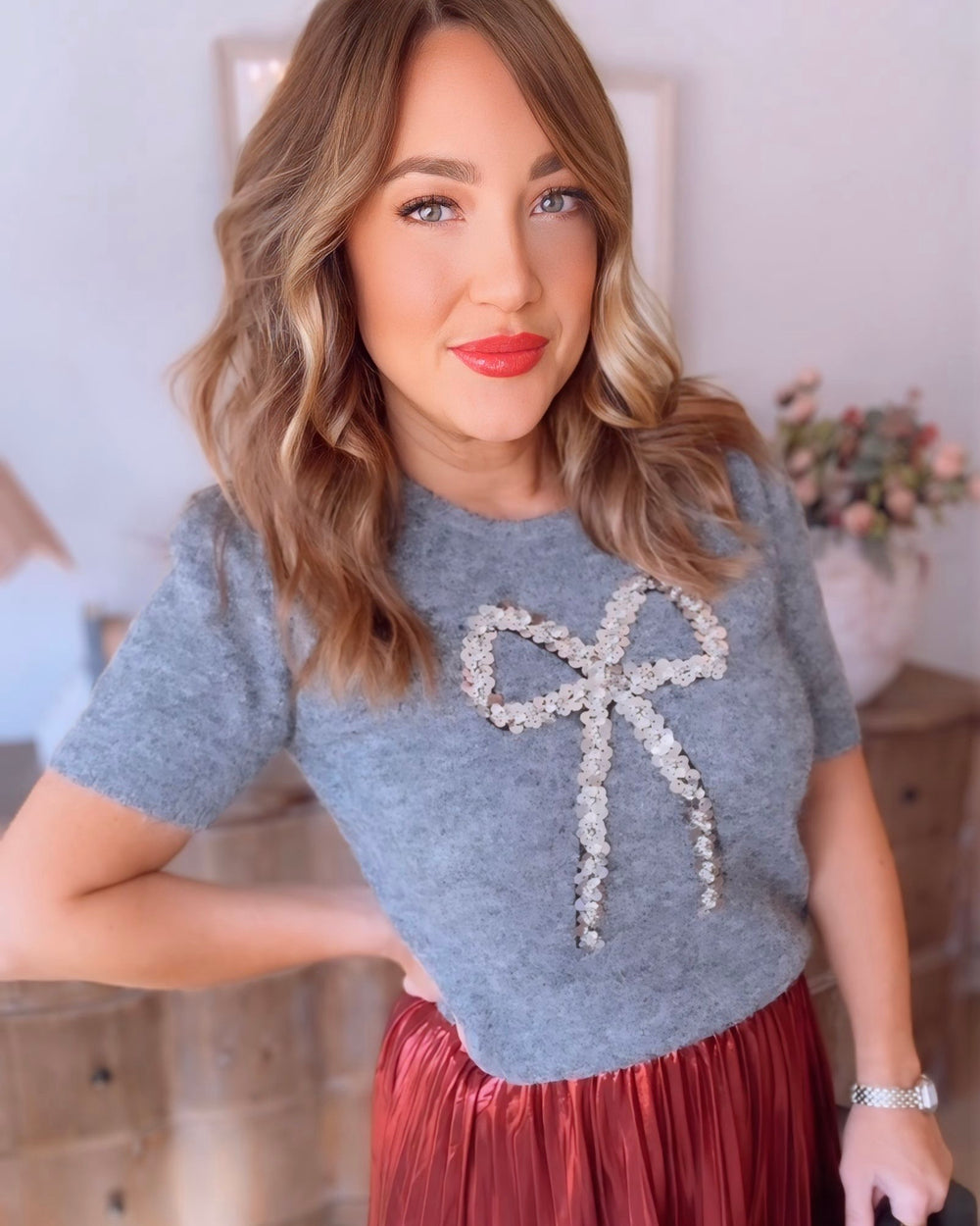 Harriet Sequin Bow Sweater Top