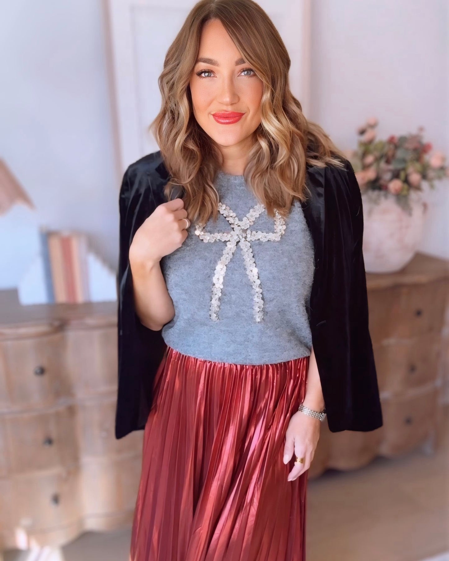 Harriet Sequin Bow Sweater Top