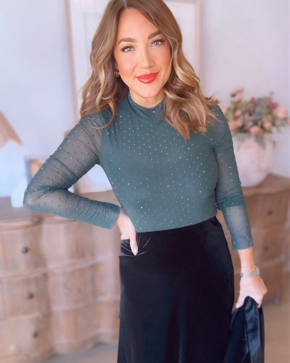 So Special Embellished Mock Neck Top