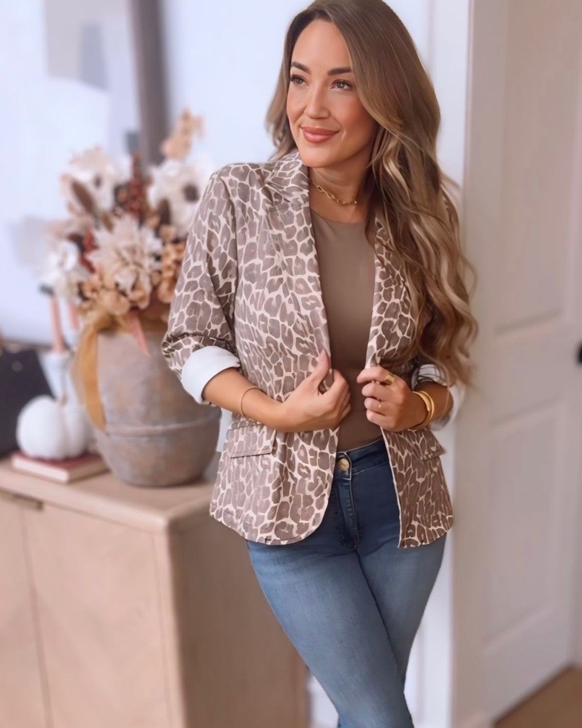 Charming In Cheetah Denim Blazer