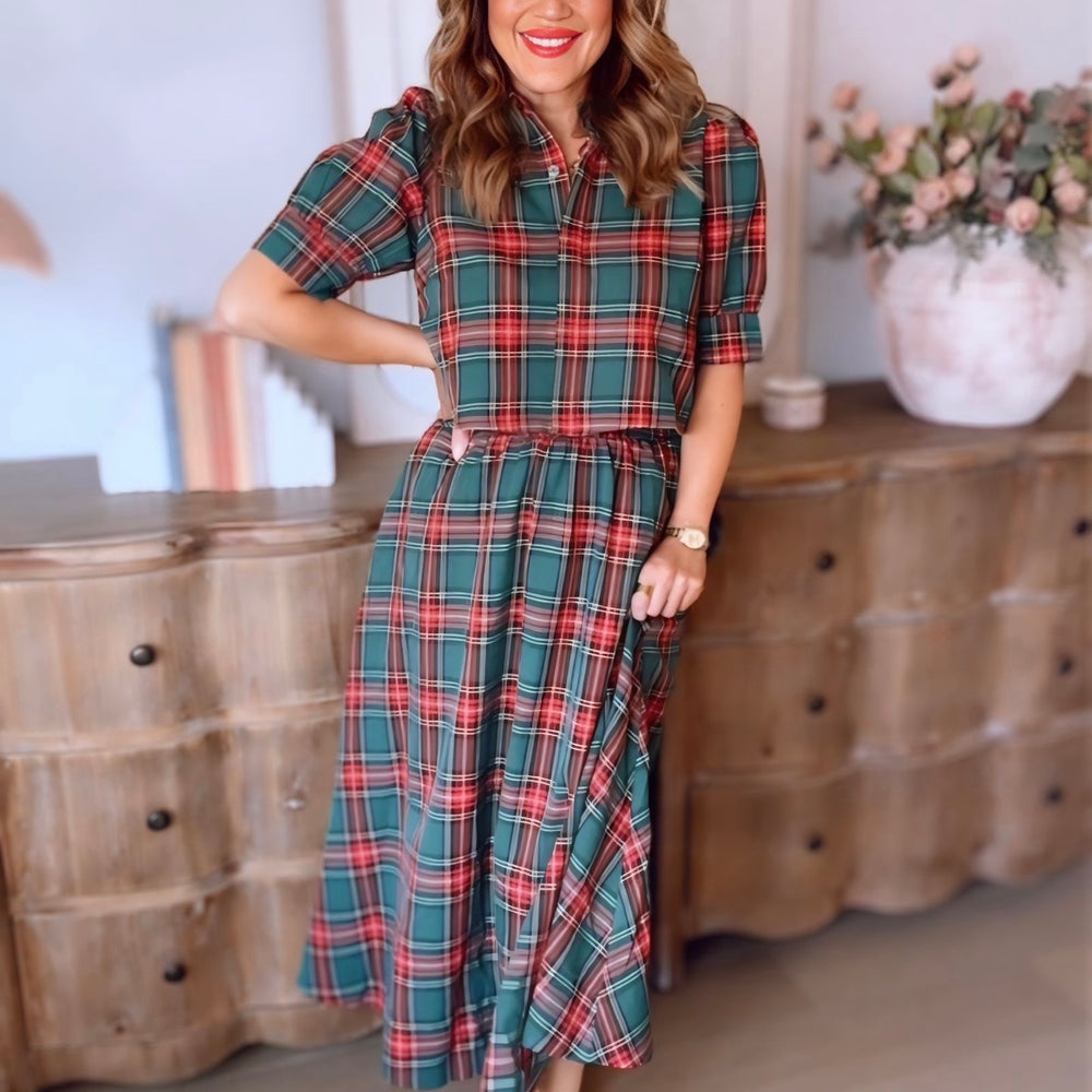 Under The Mistletoe Plaid Midi Skirt