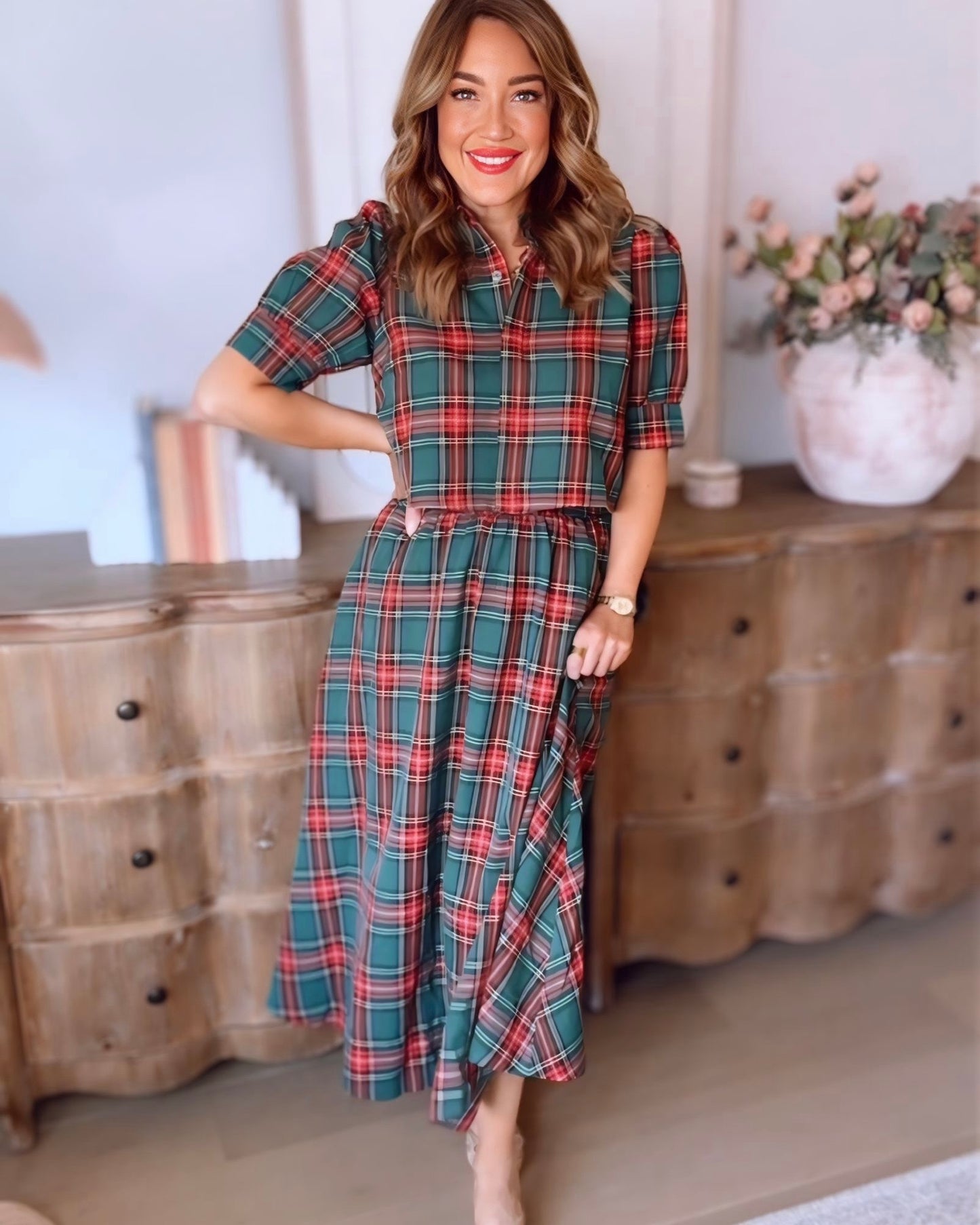Under The Mistletoe Plaid Midi Skirt