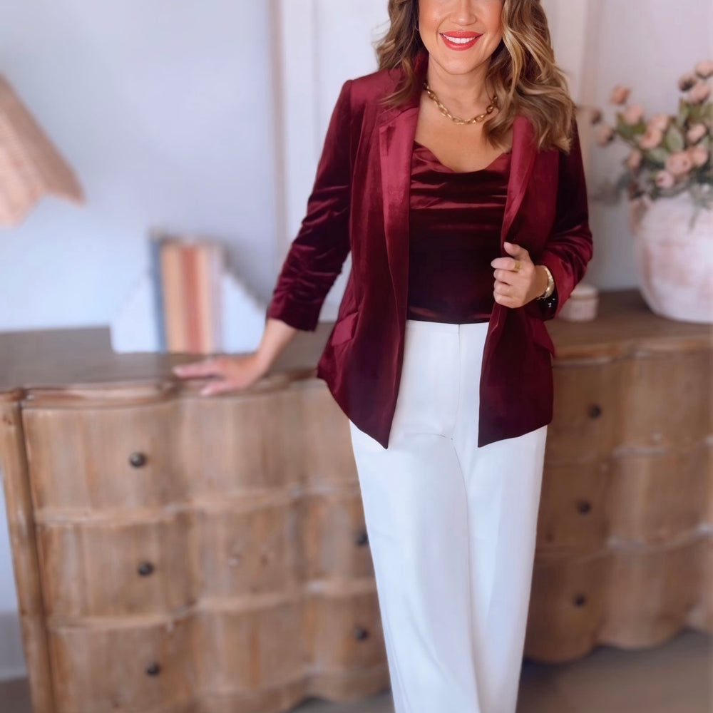 Showstopper Velvet Blazer-Burgundy