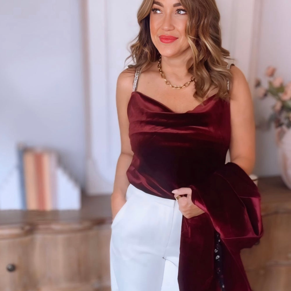 Chloe Velvet Cowl Neck Rhinestone Strap Tank