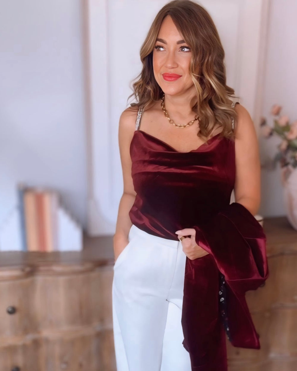 Chloe Velvet Cowl Neck Rhinestone Strap Tank