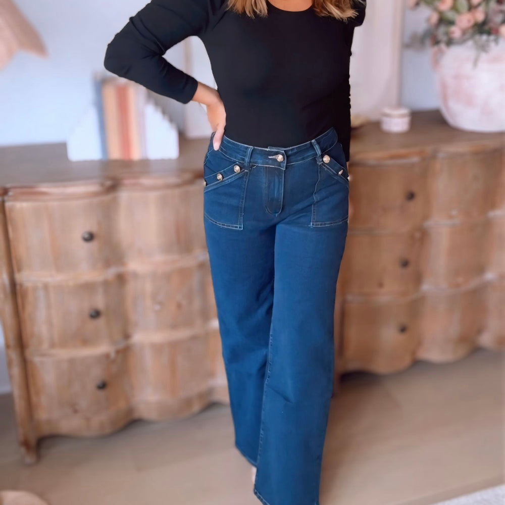 Wide Leg Button Detail Denim