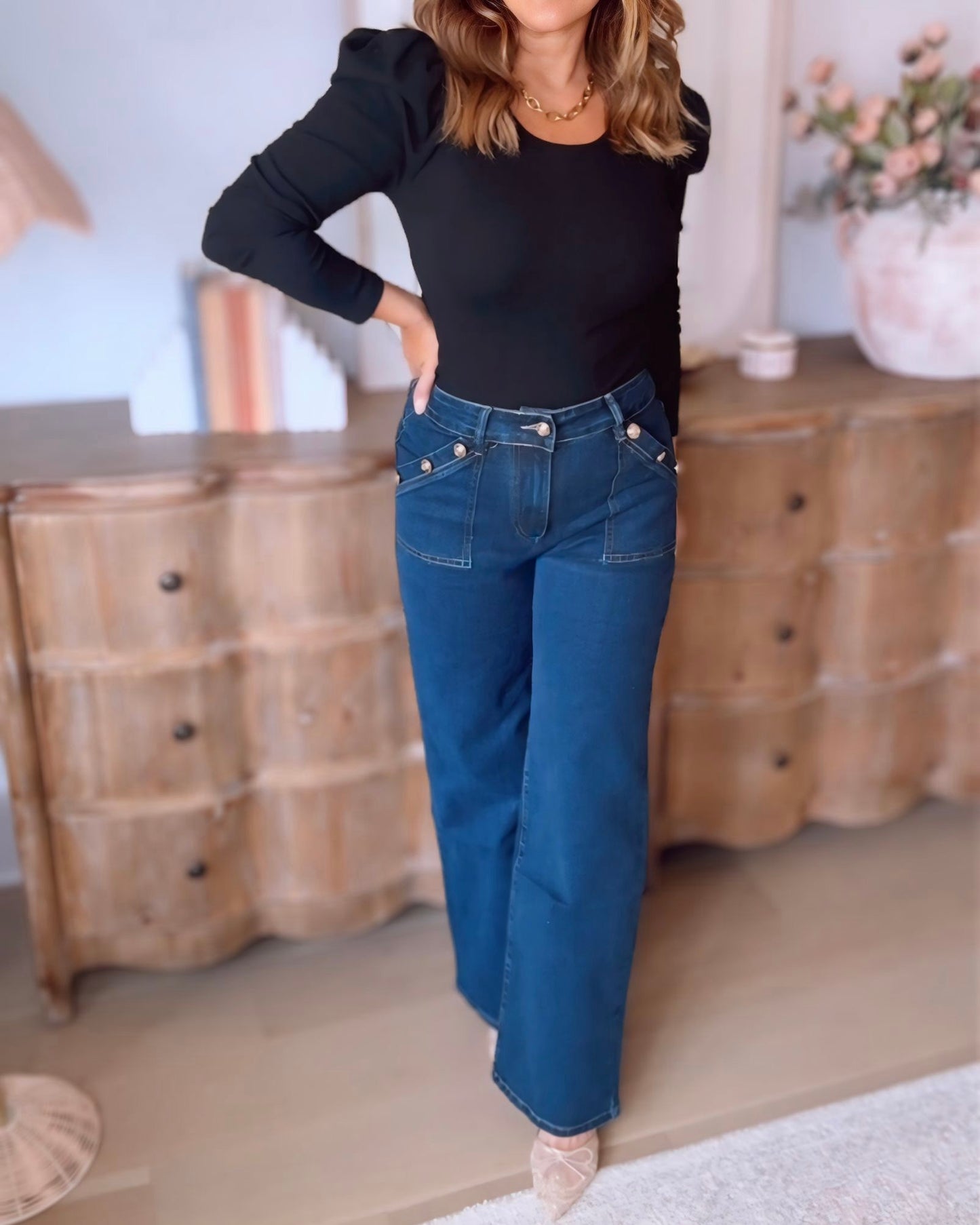 Wide Leg Button Detail Denim