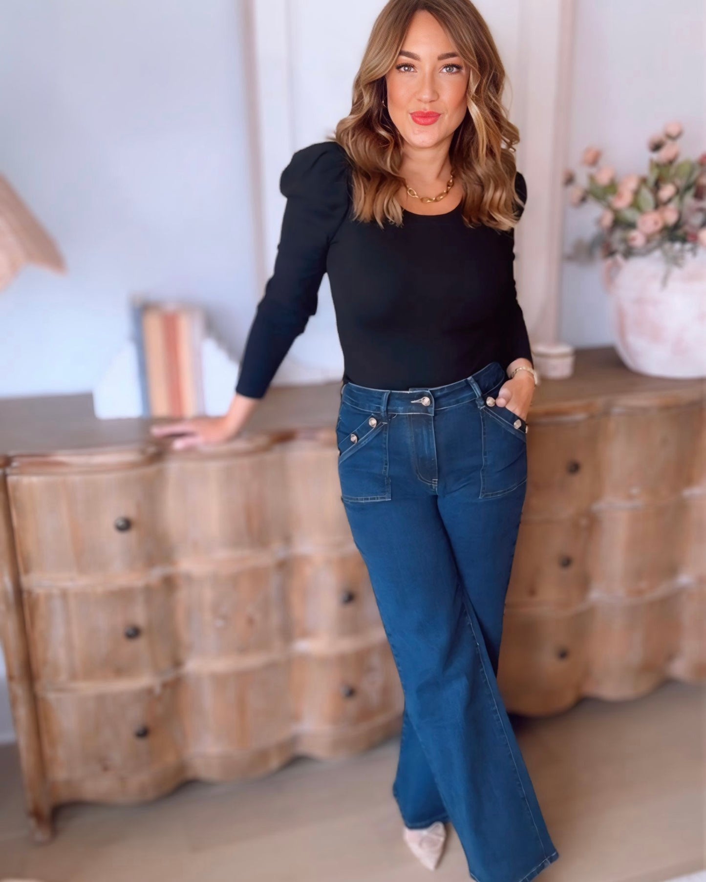 Wide Leg Button Detail Denim