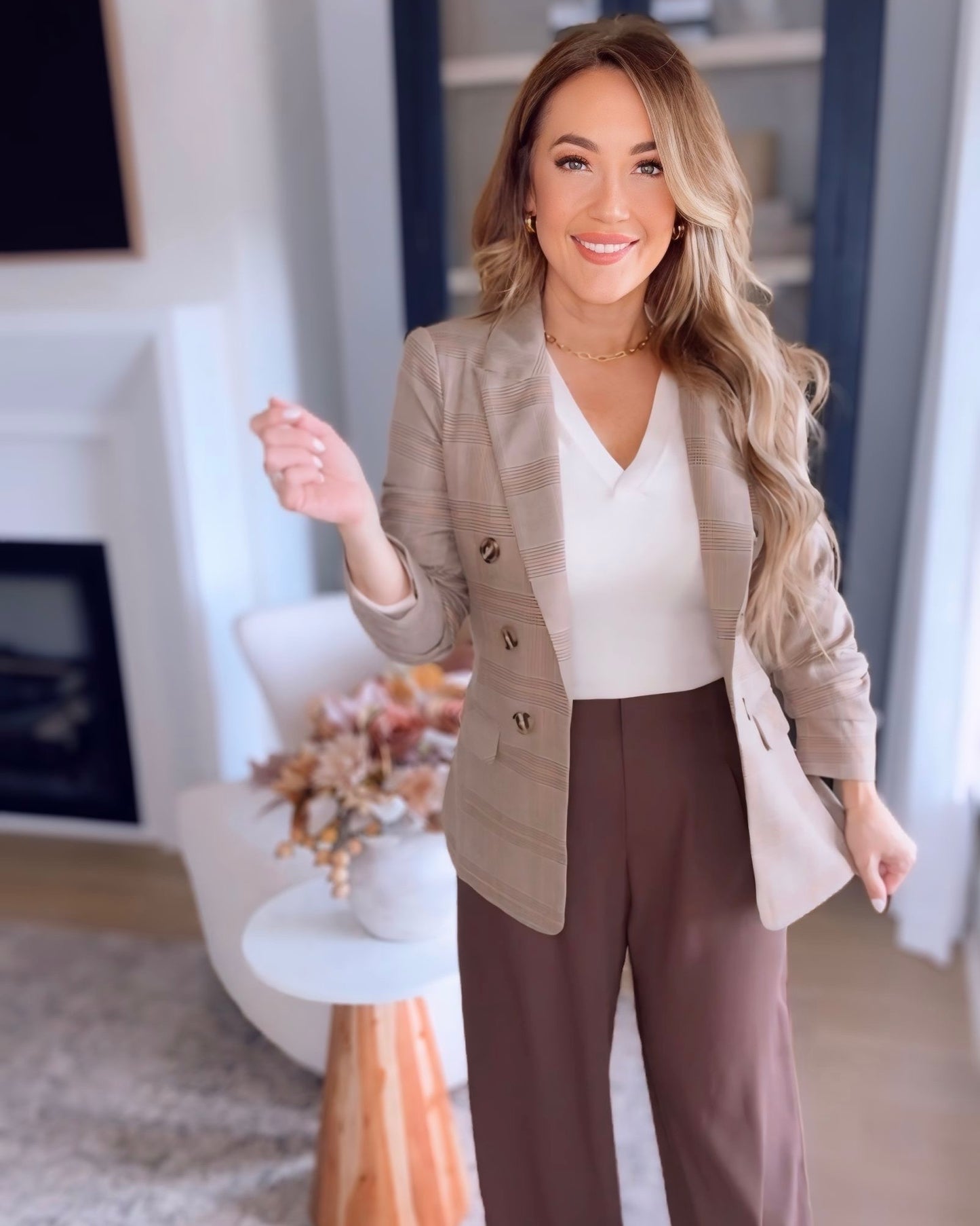 Office Check Ruched Sleeve Plaid Blazer